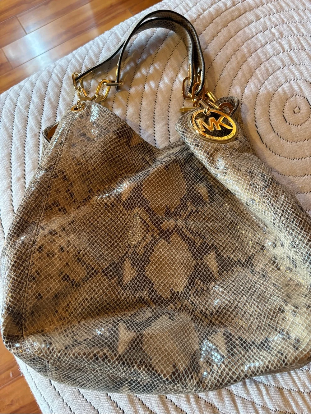 Michael Kors Metallic Gold Snake-Print Hobo
